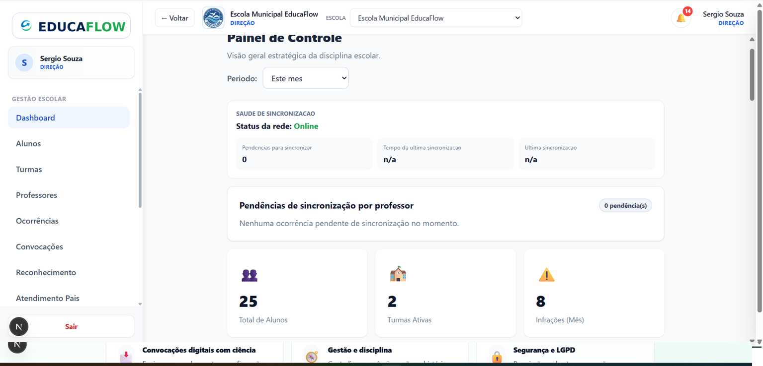 Tela de sincronização e status da rede no EducaFlow
